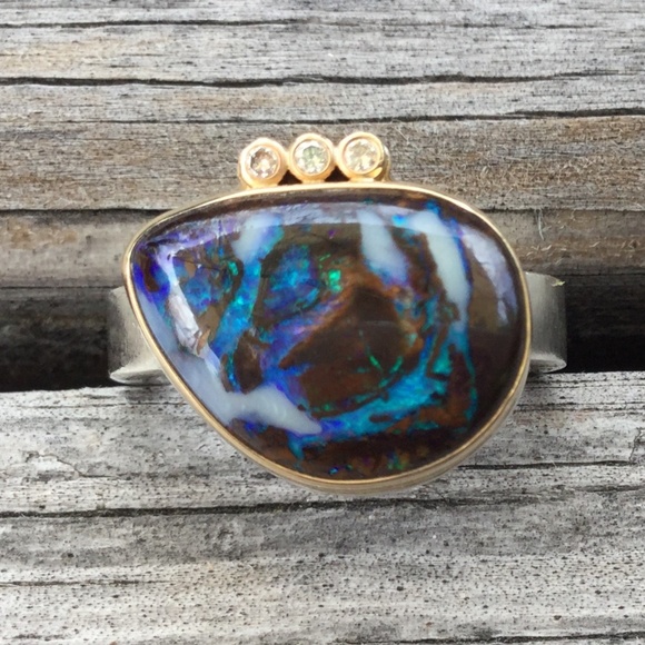 Jamie Joseph Boulder Opal Diamond Sterling Silver Gold Ring Collectible Luxury - Picture 1 of 5